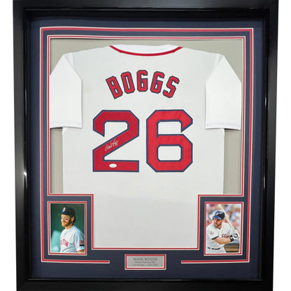 Wade Boggs framed autographed Boston Red Sox white baseball jersey with signature number 26 and JSA authentication