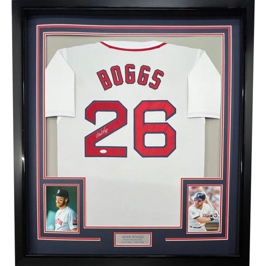Framed autographed white Boston baseball jersey with red lettering Boggs name and number 26 certified by JSA COA