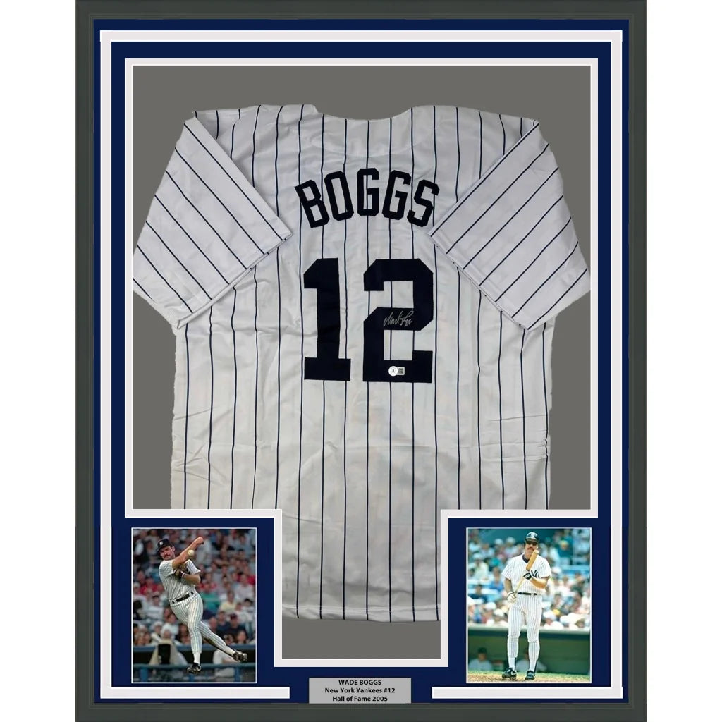 Framed autographed Wade Boggs New York pinstripe jersey with Boggs #12, Beckett COA