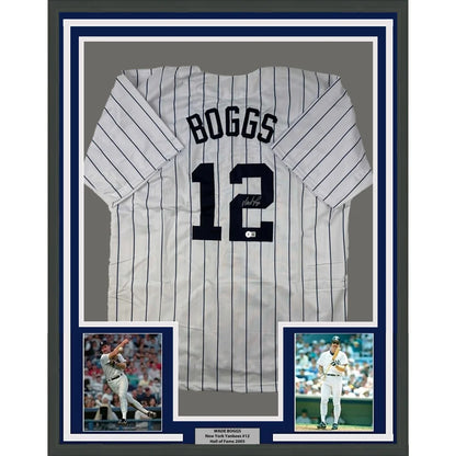 Framed autographed Wade Boggs New York pinstripe jersey with Boggs #12, Beckett COA