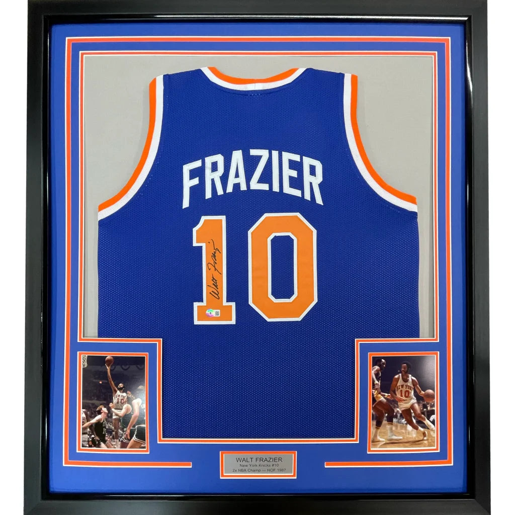 Framed Walt Frazier autographed New York blue basketball jersey for man cave display
