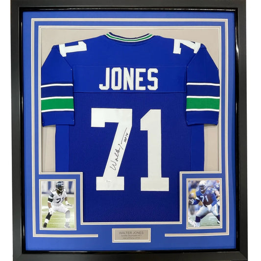 Framed blue white HOF jersey with green accents for man cave