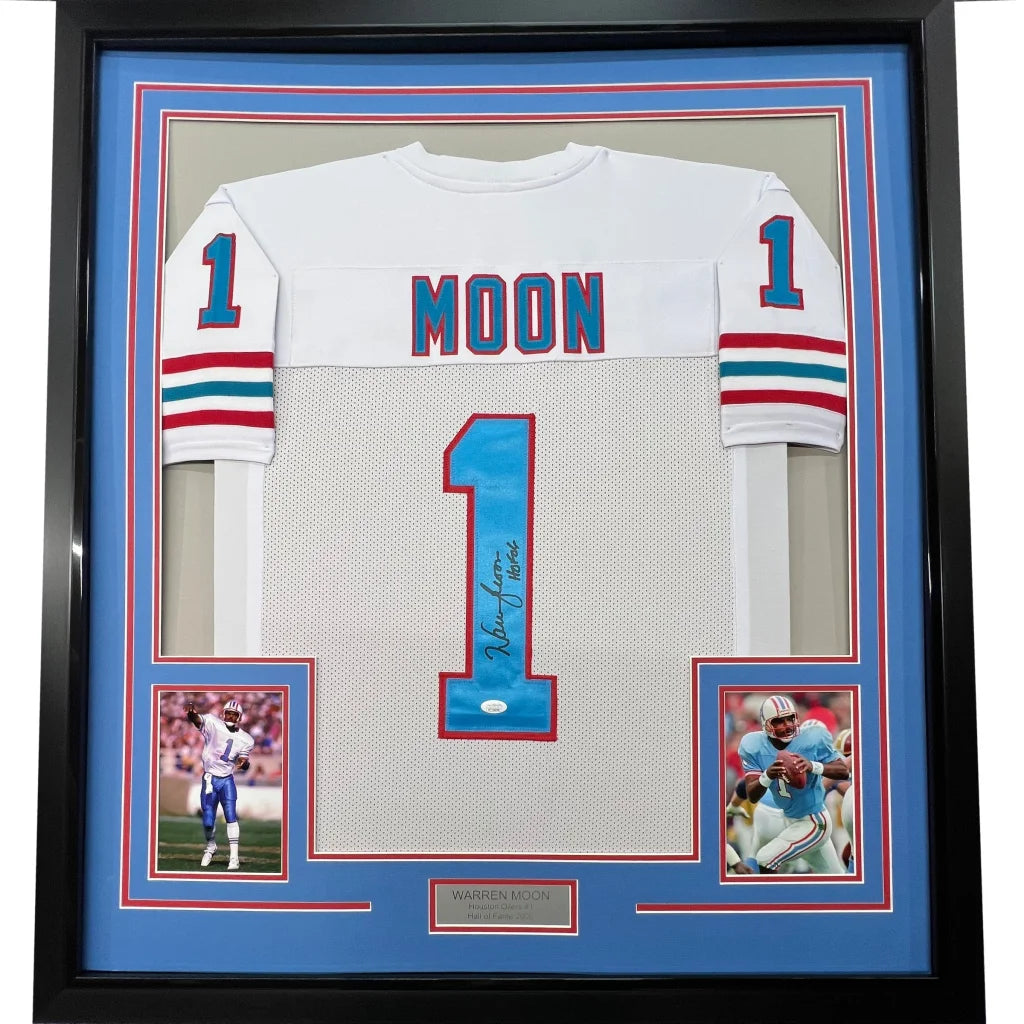 Framed autographed Warren Moon white Houston jersey back, name Moon #1, JSA COA