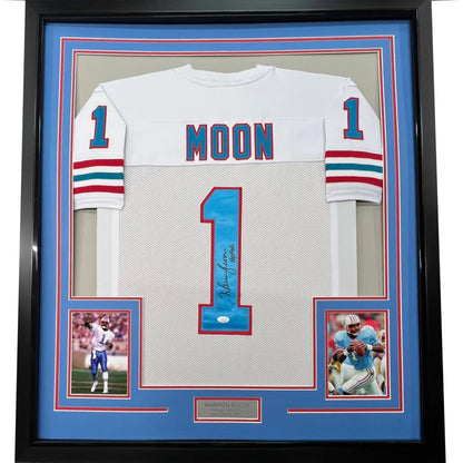 Framed autographed Warren Moon white Houston jersey back, name Moon #1, JSA COA