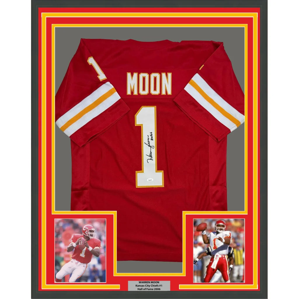 Framed Autographed Warren Moon 35x39 HOF 06 Kansas City Red Football Jersey JSA COA | Hall of Fame Sports Memorabilia | vintageantiquesgifts.com