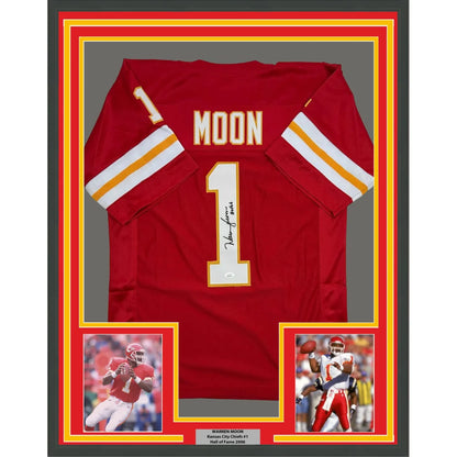 Framed Autographed Warren Moon 35x39 HOF 06 Kansas City Red Football Jersey JSA COA | Hall of Fame Sports Memorabilia | vintageantiquesgifts.com