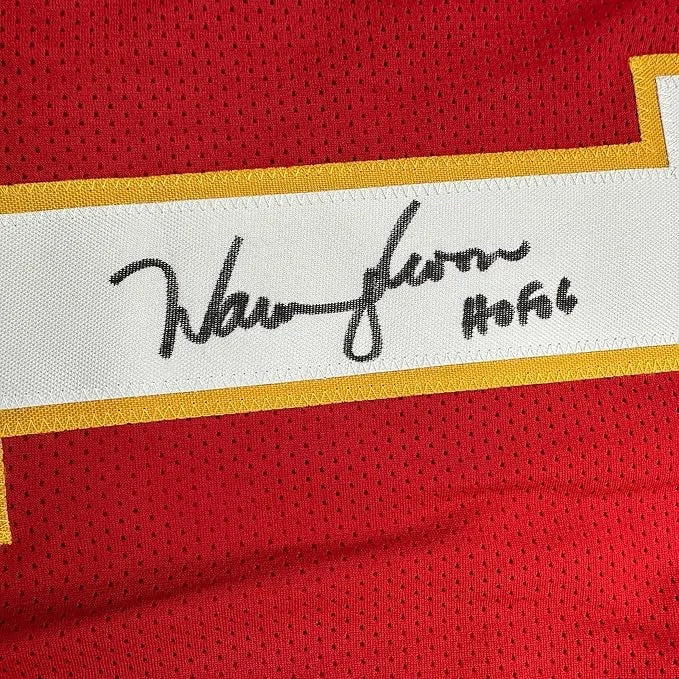 Framed Autographed Warren Moon 35x39 HOF 06 Kansas City Red Football Jersey JSA COA | Certified Authentic Signed Memorabilia | vintageantiquesgifts.com