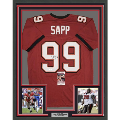 Red tampa bay buccaneers football jersey with white and black sapp 99 lettering signed by warren sapp framed 35x39 with jsa coa