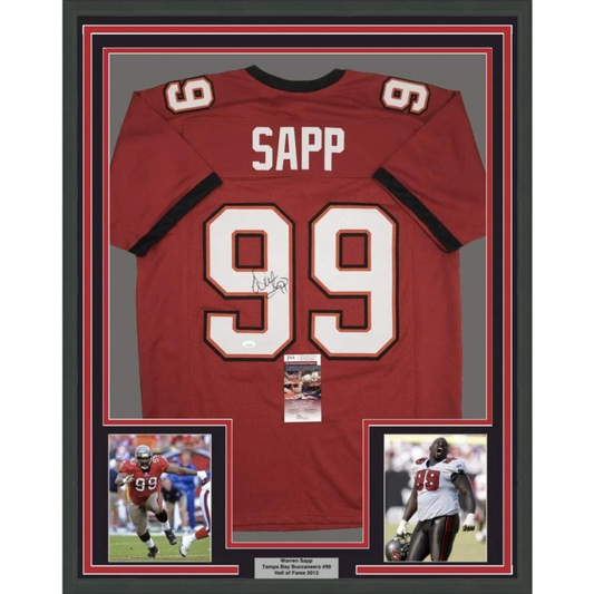 Red tampa bay buccaneers football jersey with white and black sapp 99 lettering signed by warren sapp framed 35x39 with jsa coa