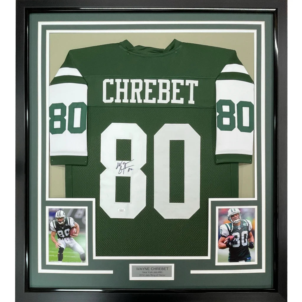 Framed signed Wayne Chrebet green New York Jets jersey number 80 with JSA COA