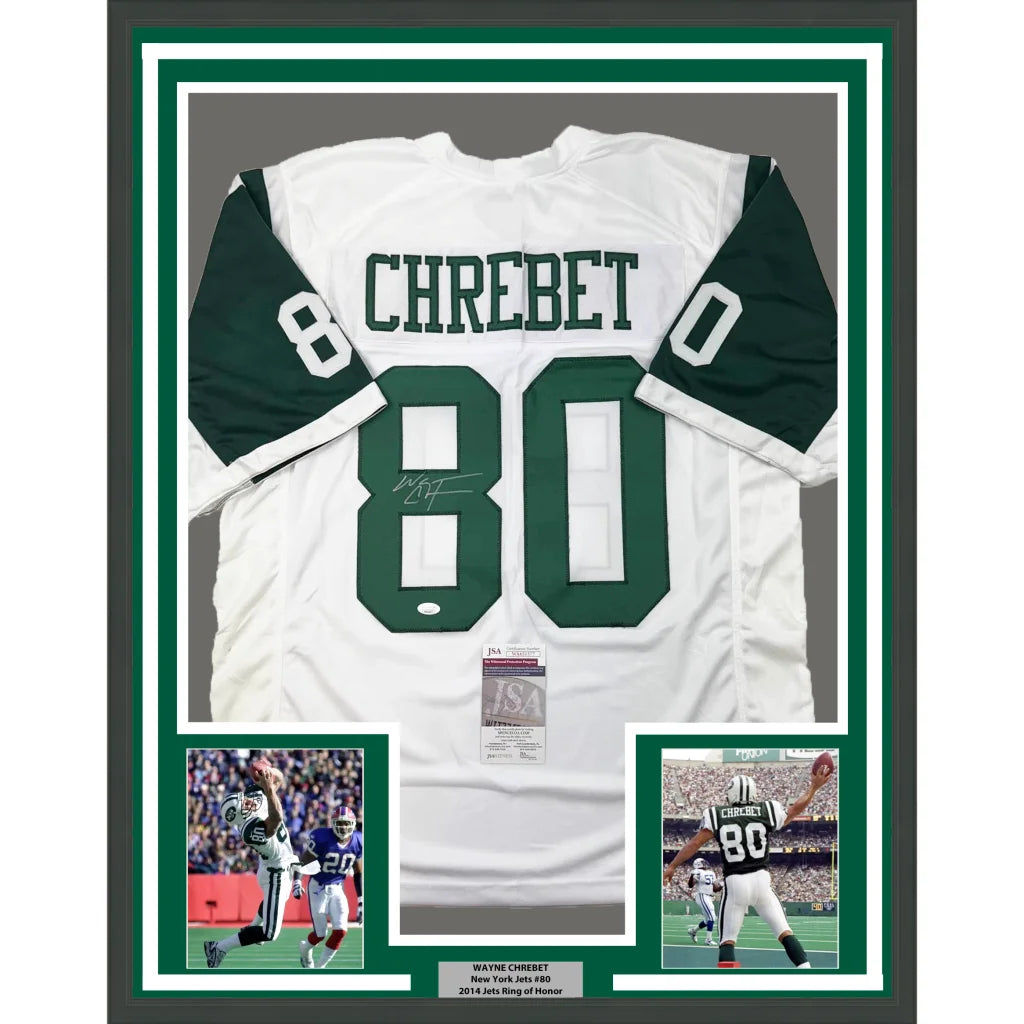 Framed Autographed Wayne Chrebet 35x39 New York White Football Jersey JSA COA | Hall of Fame Sports Memorabilia | vintageantiquesgifts.com