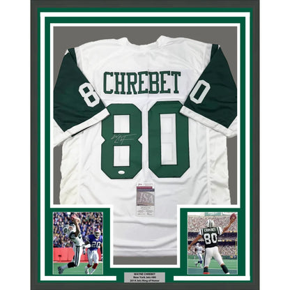 Framed Autographed Wayne Chrebet 35x39 New York White Football Jersey JSA COA | Hall of Fame Sports Memorabilia | vintageantiquesgifts.com