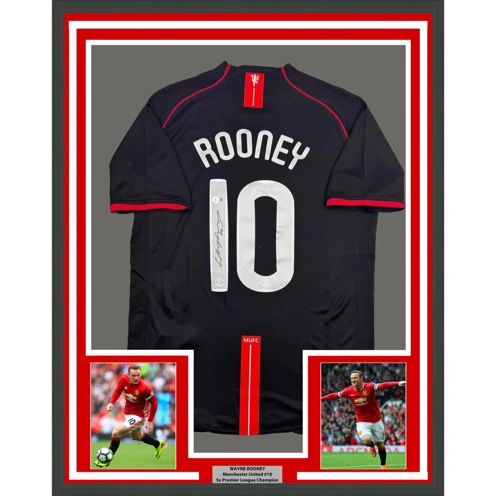 Back of framed autographed Wayne Rooney 10 Manchester United black jersey with Beckett COA
