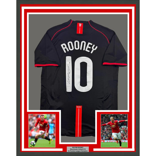 Framed Autographed Wayne Rooney 35x39 Manchester United Black 2008 Champions League Final Soccer Jersey Beckett BAS COA | Hall of Fame Sports Memorabilia | vintageantiquesgifts.com