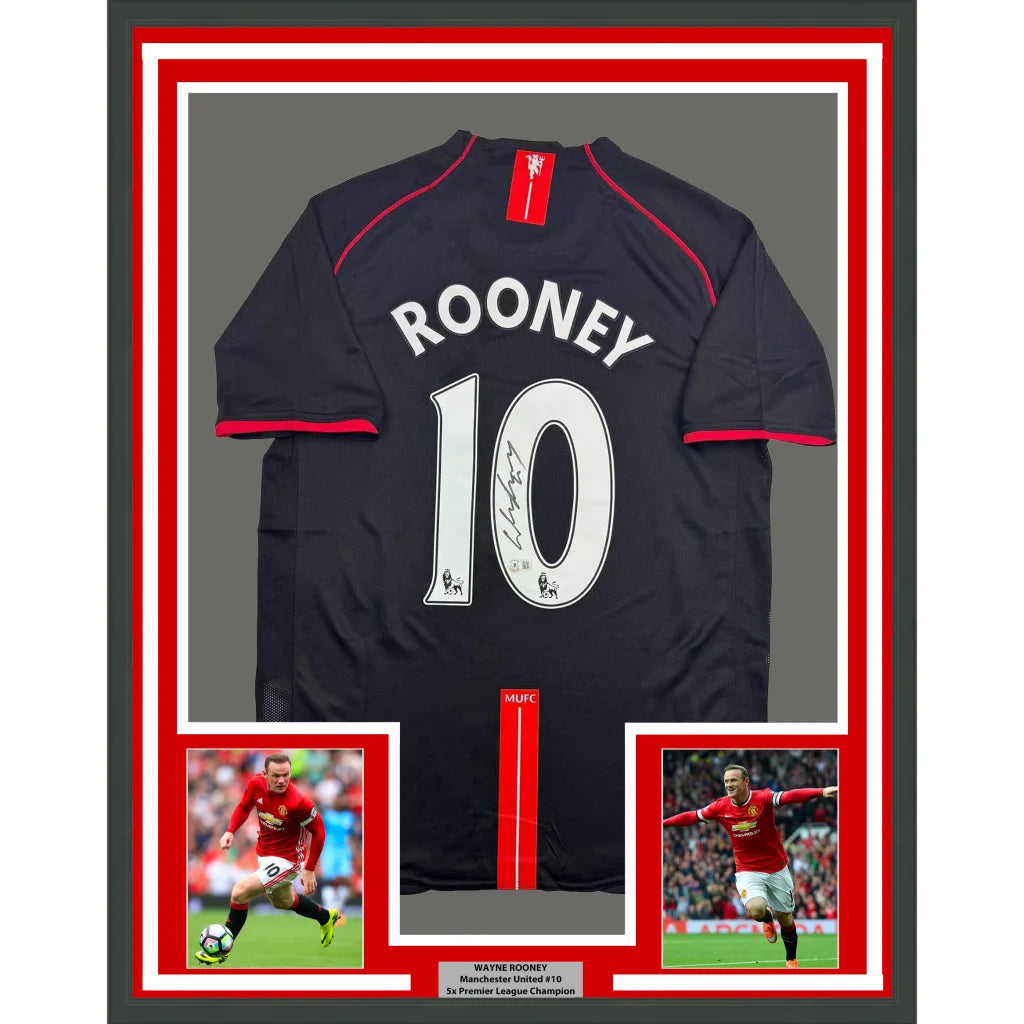Framed Autographed Wayne Rooney 35x39 Manchester United Black 2008 Soccer Jersey Beckett BAS COA | Hall of Fame Sports Memorabilia | vintageantiquesgifts.com