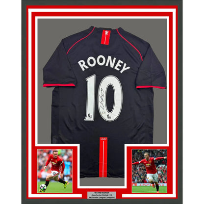 Framed Autographed Wayne Rooney 35x39 Manchester United Black 2008 Soccer Jersey Beckett BAS COA | Hall of Fame Sports Memorabilia | vintageantiquesgifts.com