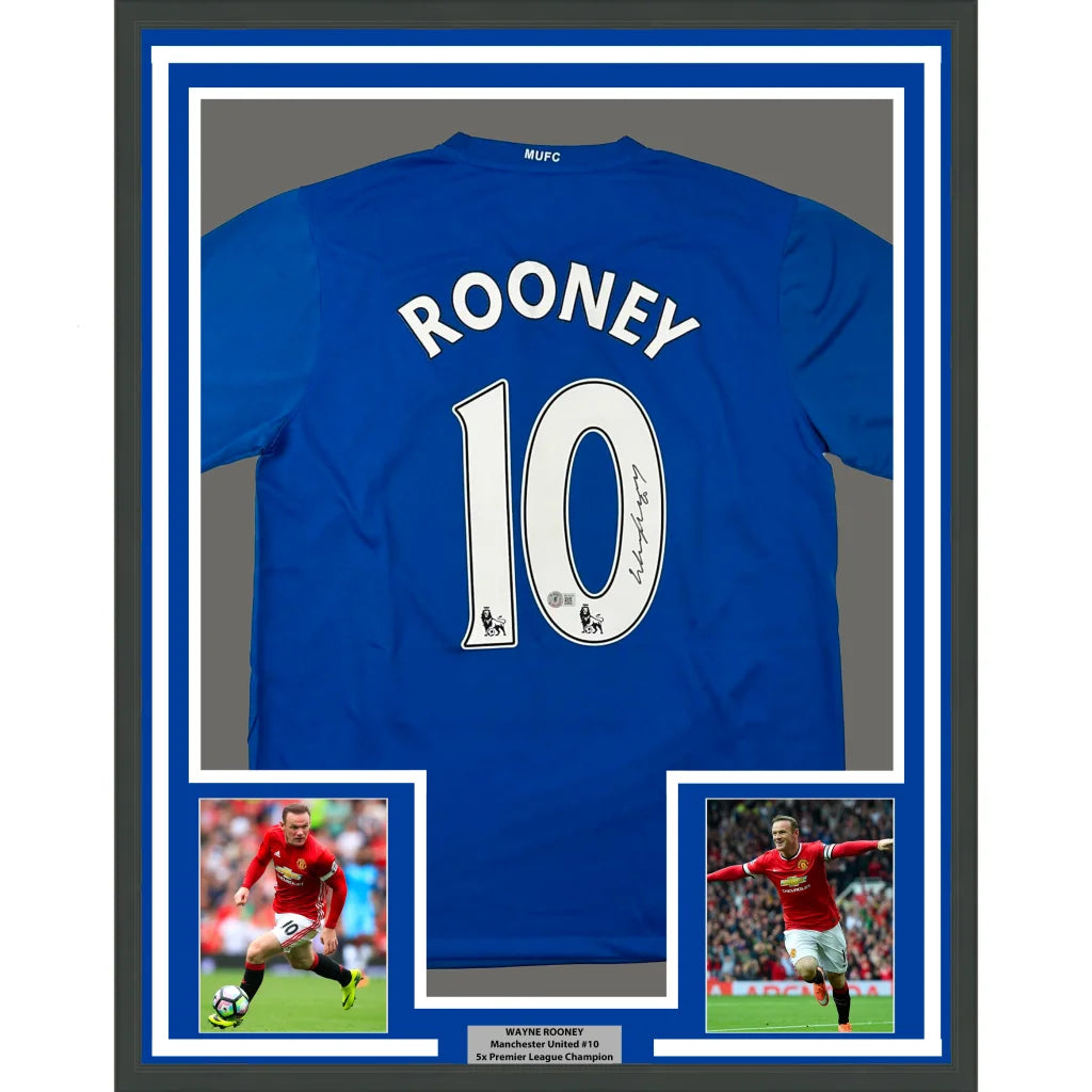Framed Autographed Wayne Rooney 35x39 Manchester United Blue Soccer Jersey Beckett BAS COA | Hall of Fame Sports Memorabilia | vintageantiquesgifts.com