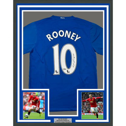 Framed Autographed Wayne Rooney 35x39 Manchester United Blue Soccer Jersey Beckett BAS COA | Hall of Fame Sports Memorabilia | vintageantiquesgifts.com