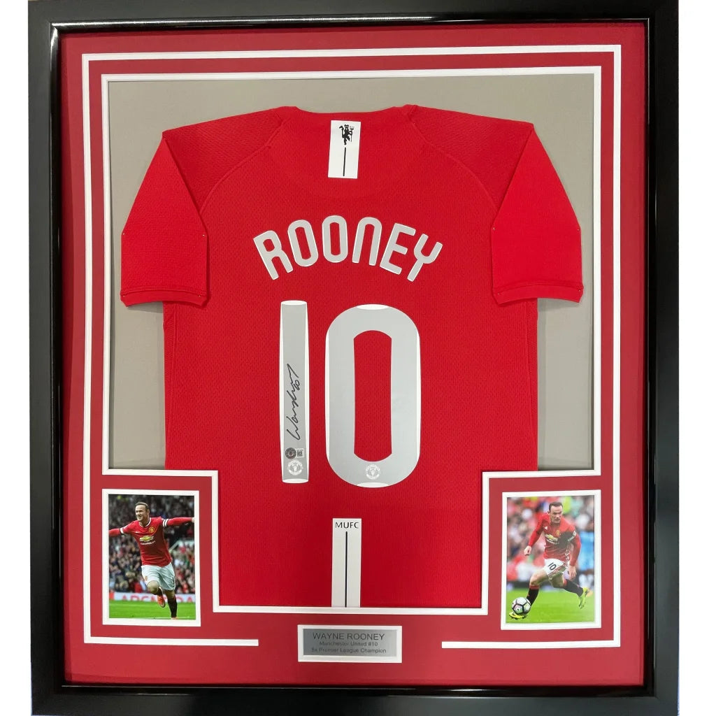 Framed signed Wayne Rooney Manchester United red jersey with number 10, Beckett COA