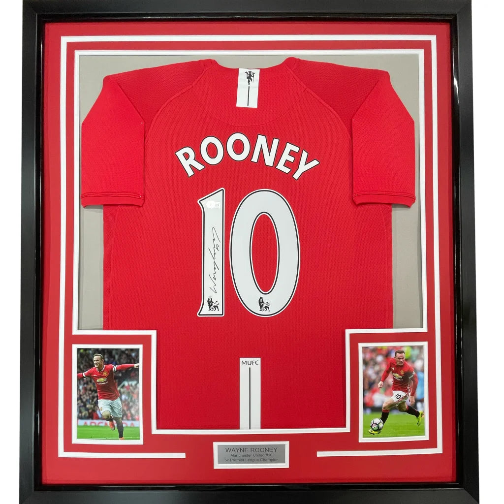 Framed signed Wayne Rooney Manchester United red jersey with Rooney 10, Beckett BAS COA