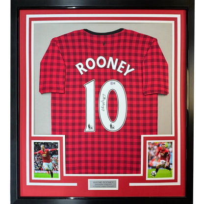Framed Autographed Wayne Rooney 35x39 Manchester United Red Checkered Soccer Jersey Beckett BAS COA | Hall of Fame Sports Memorabilia | vintageantiquesgifts.com