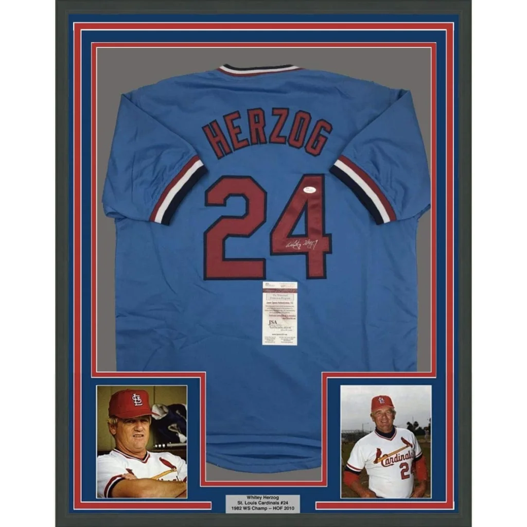 Framed Autographed Whitey Herzog 35x39 St. Louis Blue Baseball Jersey JSA COA | Hall of Fame Sports Memorabilia | vintageantiquesgifts.com