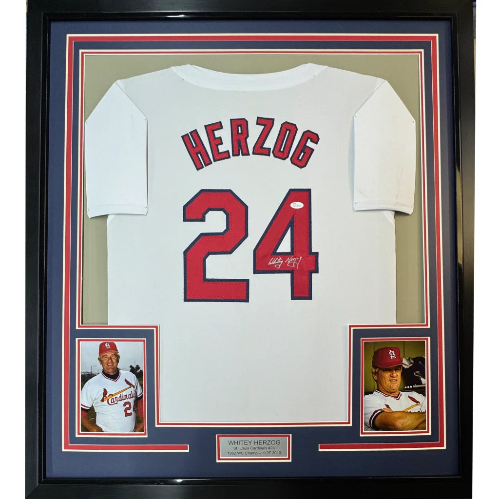 Framed Autographed Whitey Herzog 35x39 St. Louis White Baseball Jersey JSA COA | Hall of Fame Sports Memorabilia | vintageantiquesgifts.com