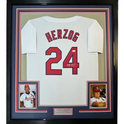 Framed Autographed Whitey Herzog 35x39 St. Louis White Baseball Jersey JSA COA | Hall of Fame Sports Memorabilia | vintageantiquesgifts.com