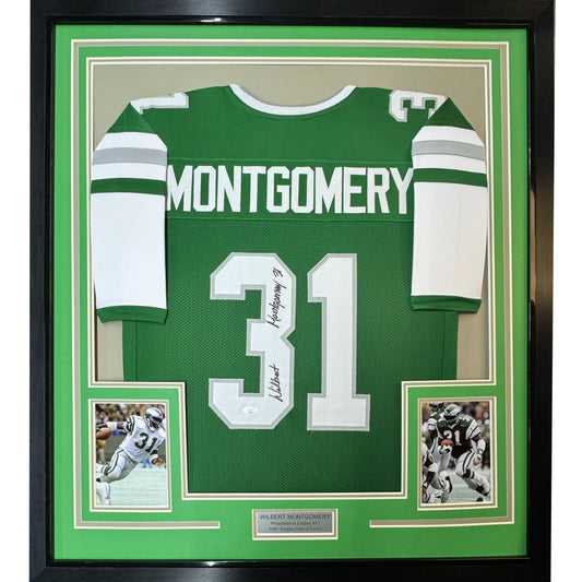 Framed Autographed Wilbert Montgomery 35x39 Philadelphia Green Football Jersey JSA COA | Hall of Fame Sports Memorabilia | vintageantiquesgifts.com