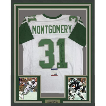 Framed Philadelphia Eagles Montgomery jersey with autograph and player photos display