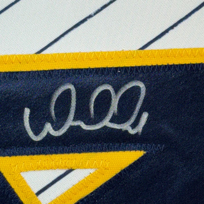 Framed autographed William Contreras Milwaukee jersey with white embroidered signature on navy blue patch
