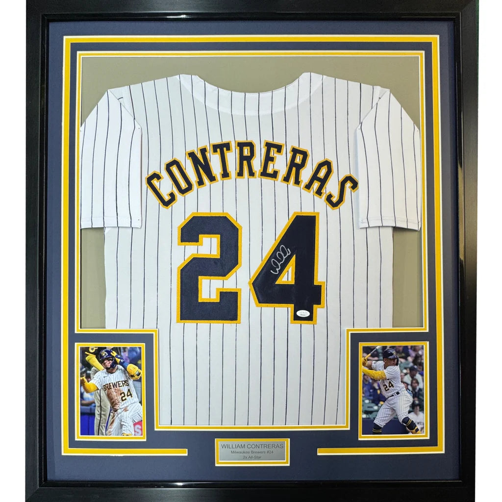 Framed autographed William Contreras Milwaukee pinstripe jersey, JSA COA