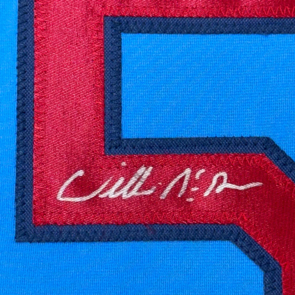 Blue and red Willie McGee signed jersey with photos and premium matting