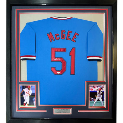 Framed autographed Willie McGee St. Louis Cardinals blue jersey with JSA COA
