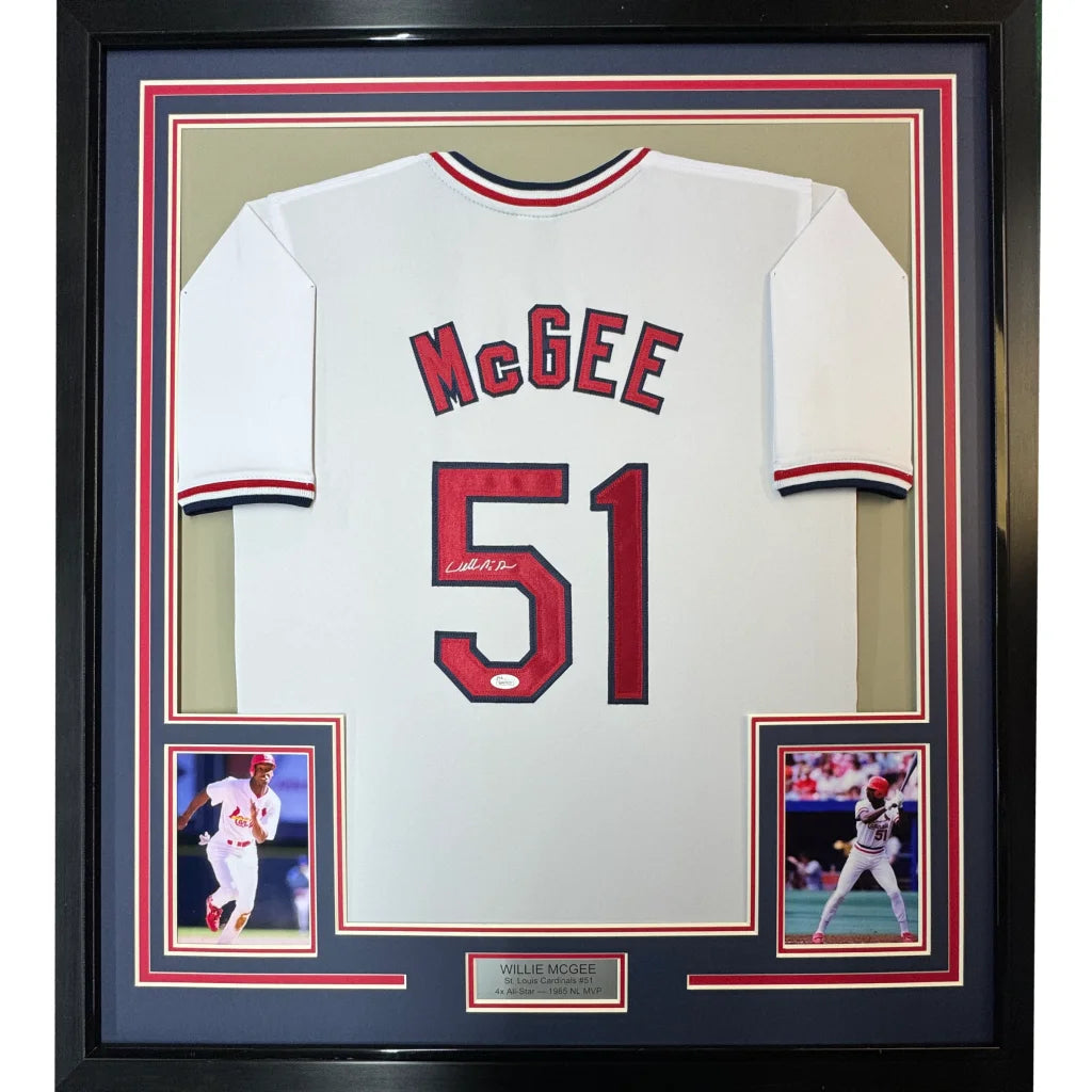 Framed Autographed Willie McGee 35x39 St. Louis White Baseball Jersey JSA COA | Hall of Fame Sports Memorabilia | vintageantiquesgifts.com
