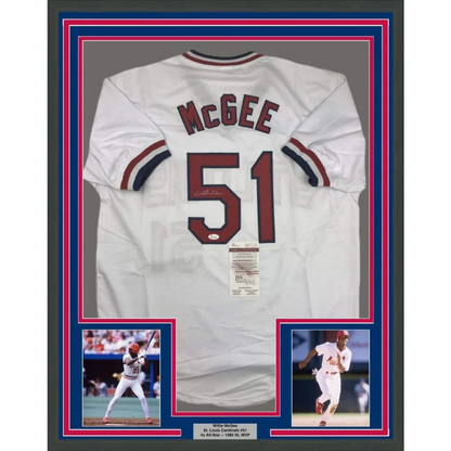 Framed Willie McGee signed St Louis White baseball jersey with player photos and JSA COA