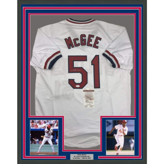 Framed Willie McGee signed St Louis White baseball jersey with player photos and JSA COA