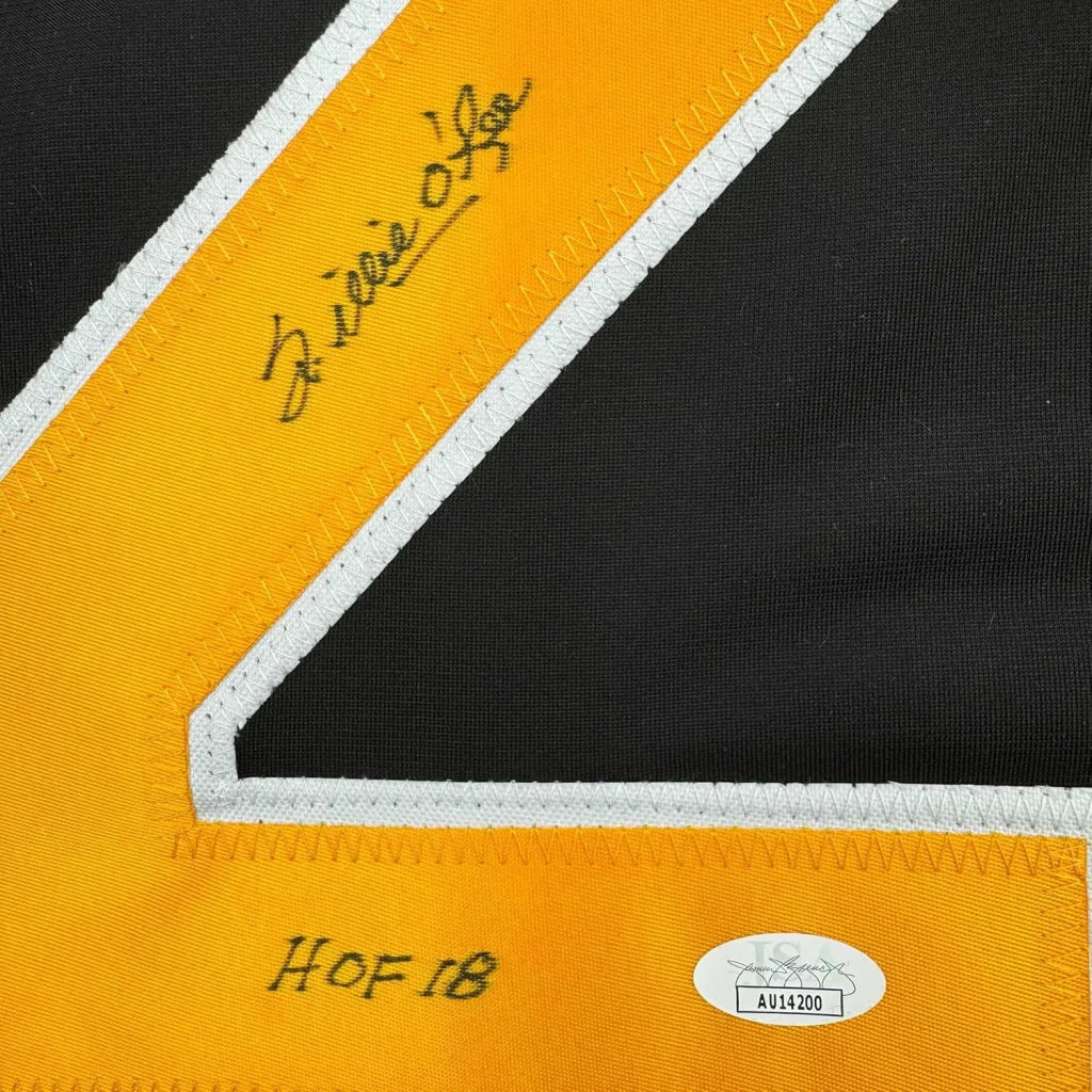 Signed black and gold Willie ORee Boston Bruins jersey with HOF 18 inscription
