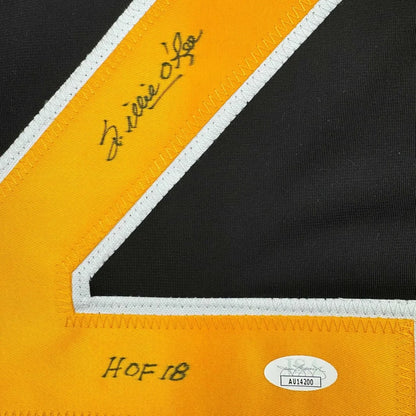 Signed black and gold Willie ORee Boston Bruins jersey with HOF 18 inscription