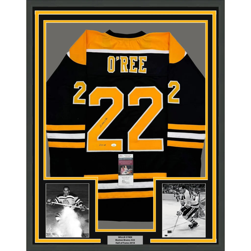 Framed and signed Willie ORee Boston Bruins Jersey with photos for display