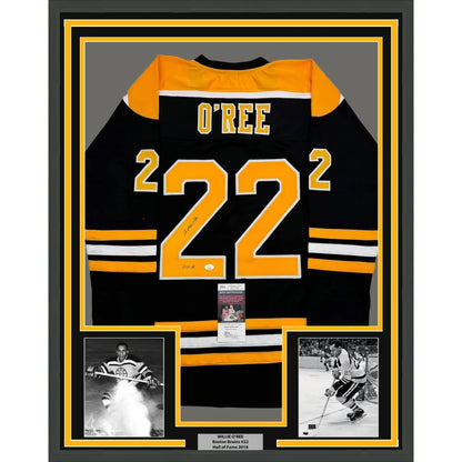 Framed and signed Willie ORee Boston Bruins Jersey with photos for display