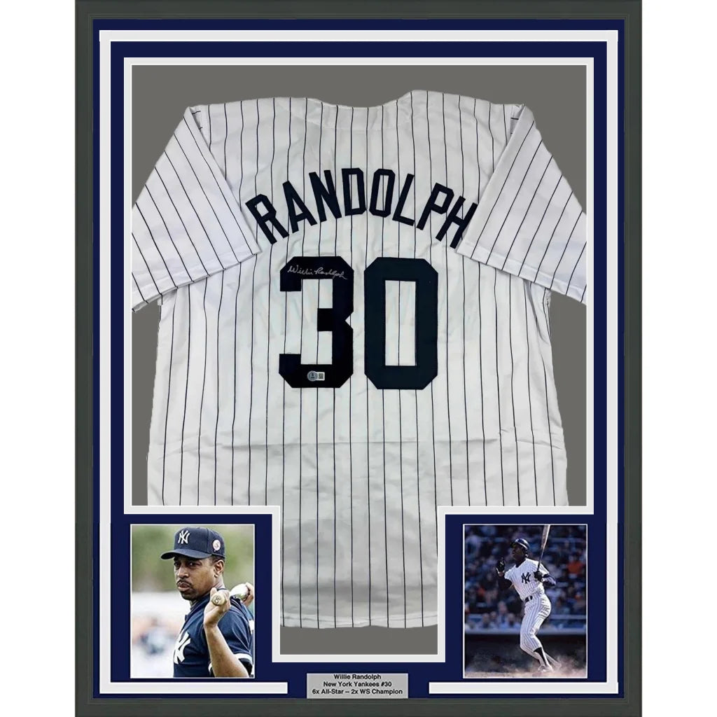 Framed Autographed Willie Randolph 35x39 New York Pinstripe Baseball Jersey Beckett BAS COA | Hall of Fame Sports Memorabilia | vintageantiquesgifts.com