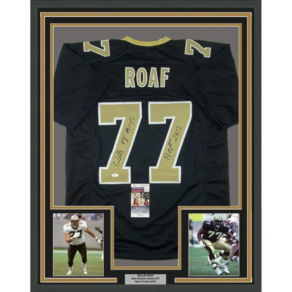 Framed autographed Willie Roaf black New Orleans Saints jersey with gold 77