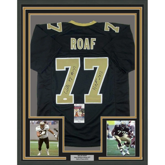 Professionally framed Willie Roaf Saints jersey with dual photos and authenticity certificate