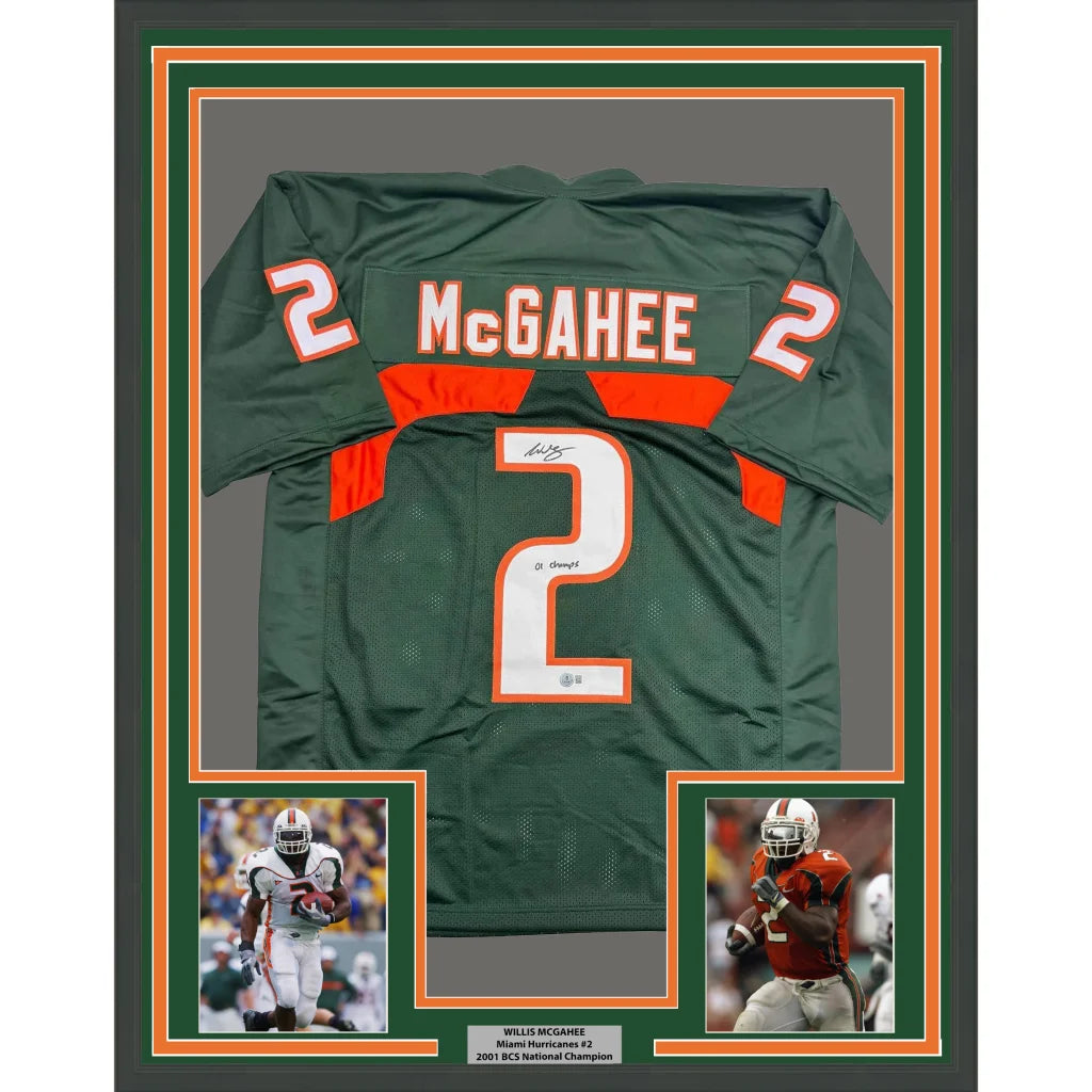 Framed Autographed Willis McGahee 35x3 Miami Green College Football Jersey Beckett BAS COA | Hall of Fame Sports Memorabilia | vintageantiquesgifts.com