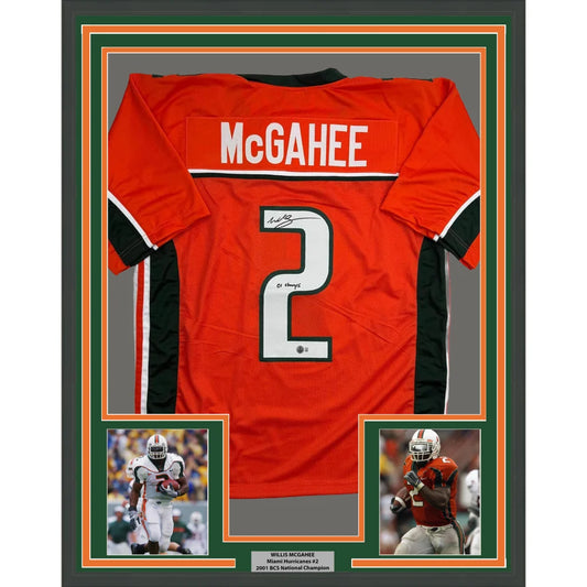 Framed Autographed Willis McGahee 35x39 01 Champs Miami Orange College Football Jersey Beckett BAS COA | Hall of Fame Sports Memorabilia | vintageantiquesgifts.com