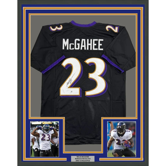 Framed Autographed Willis McGahee 35x39 Baltimore Black Football Jersey Beckett BAS COA | Hall of Fame Sports Memorabilia | vintageantiquesgifts.com