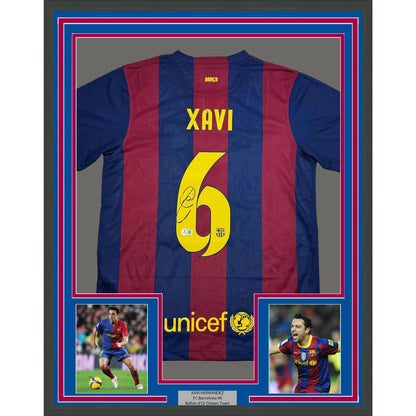 Professionally framed Barcelona blue Xavi jersey with Beckett BAS autograph photos