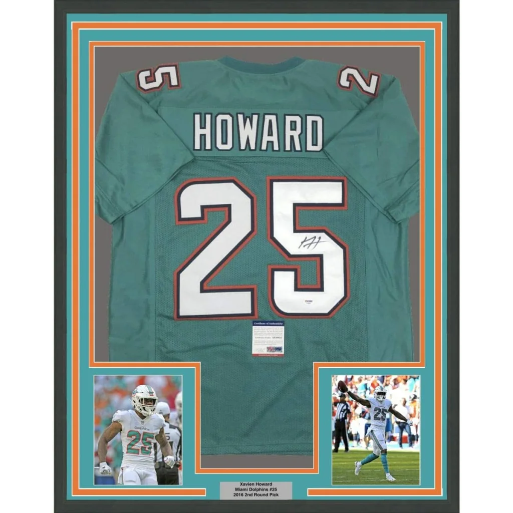 Framed autographed miami dolphins teal football jersey with howard 25 in white outlined in orange signed by xavien howard