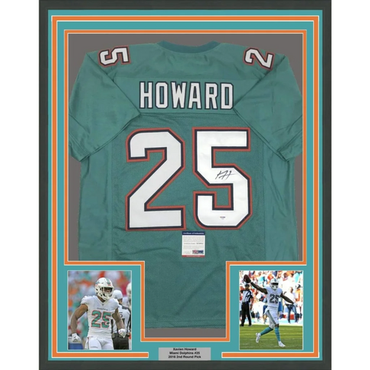 Framed autographed miami dolphins teal football jersey with howard 25 in white outlined in orange signed by xavien howard